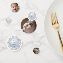 Silver Glitzer Frame Blue Bow Tauftisch Konfetti