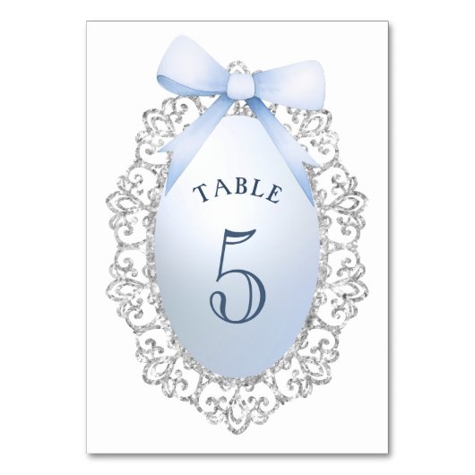 Silver Glitzer Frame Blue Bow Tischnummer (Vorderseite)