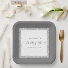 Silver Glitzer Frame Name Datum 21. Geburtstag Pappteller