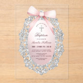 Silver Glitzer Frame Pink Bow Taufe Acryleinladungen (Vorderseite)