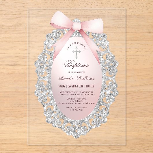 Silver Glitzer Frame Pink Bow Taufe Acryleinladungen (Vorderseite)