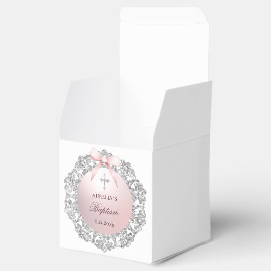 Silver Glitzer Frame Pink Bow Taufe Cube Geschenkschachtel (Geöffnet)
