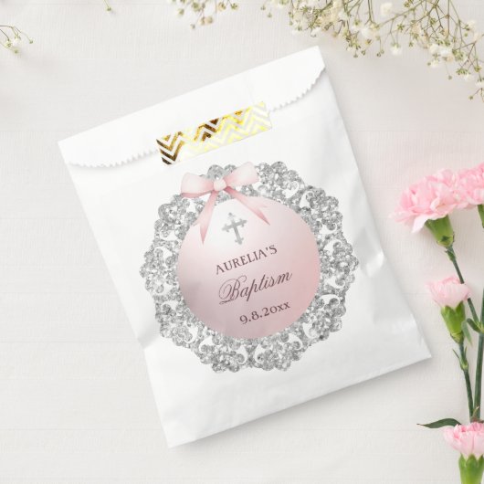 Silver Glitzer Frame Pink Bow Taufe Geschenktütchen (Versiegelt)