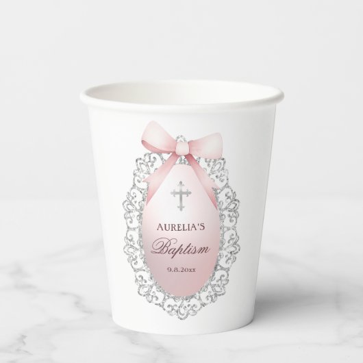 Silver Glitzer Frame Pink Bow Taufe Pappbecher (Rückseite)