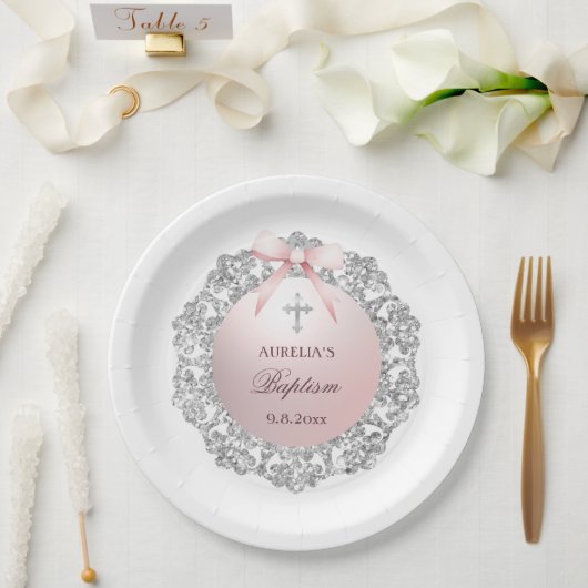 Silver Glitzer Frame Pink Bow Taufe Pappteller (Hochzeit)
