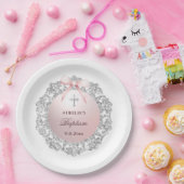 Silver Glitzer Frame Pink Bow Taufe Pappteller (Party)
