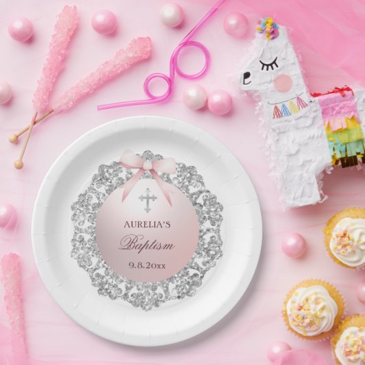 Silver Glitzer Frame Pink Bow Taufe Pappteller (Party)