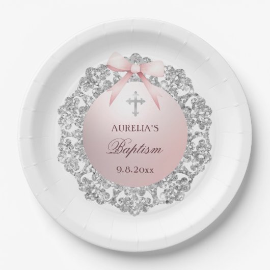 Silver Glitzer Frame Pink Bow Taufe Pappteller (Vorderseite)