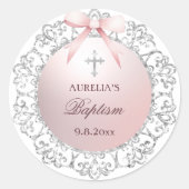 Silver Glitzer Frame Pink Bow Taufe Runder Aufkleber (Vorderseite)