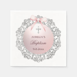 Silver Glitzer Frame Pink Bow Taufe Serviette