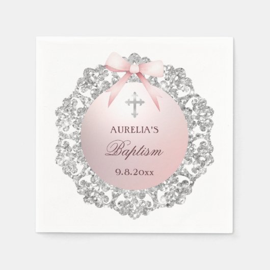 Silver Glitzer Frame Pink Bow Taufe Serviette (Vorderseite)