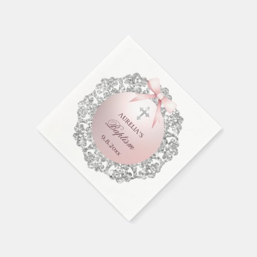 Silver Glitzer Frame Pink Bow Taufe Serviette (Ecke)