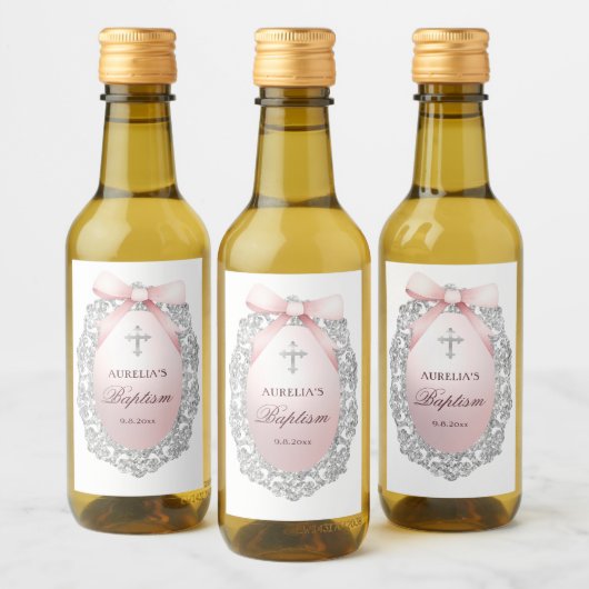 Silver Glitzer Frame Pink Bow Taufe Weinetikett (Flaschen)