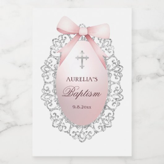 Silver Glitzer Frame Pink Bow Taufe Weinetikett (Einzelnes Label)