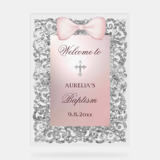 Silver Glitzer Frame Pink Bow Taufe Willkommen Acrylschild (Vorderseite)