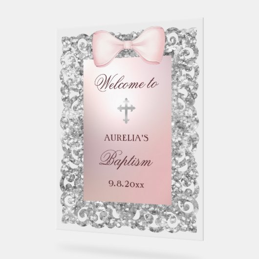 Silver Glitzer Frame Pink Bow Taufe Willkommen Acrylschild (Winkel)