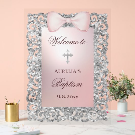 Silver Glitzer Frame Pink Bow Taufe Willkommen Acrylschild (Hochzeit)