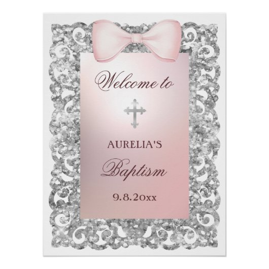 Silver Glitzer Frame Pink Bow Taufe Willkommen Poster (Vorderseite)