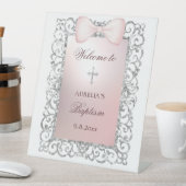 Silver Glitzer Frame Pink Bow Taufe Willkommen Sockelschild (In Situ)