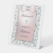 Silver Glitzer Frame Pink Bow Taufe Willkommen Sockelschild (Vorderseite)