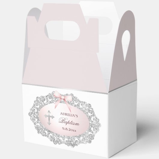 Silver Glitzer Frame Rosa Bow Taufe Big Gable Geschenkschachtel (Offen)