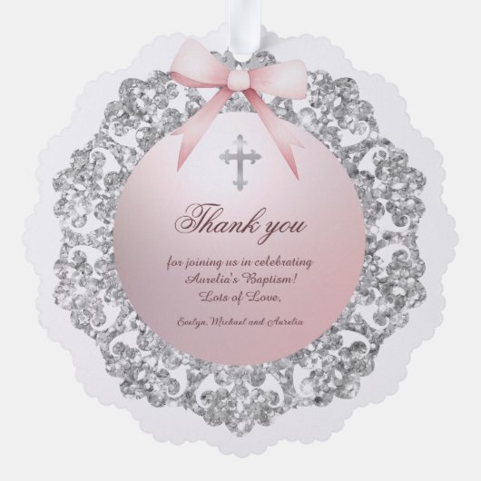 Silver Glitzer Frame Rosa Taufe Vielen Dank Ornament Karte (Rückseite)