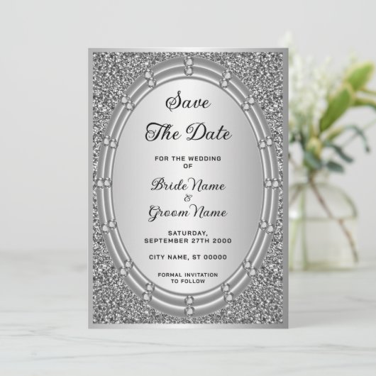 Silver Glitzer Frame Save the Date (Stehend Vorderseite)