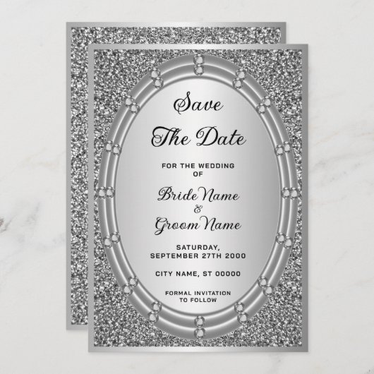 Silver Glitzer Frame Save the Date (Vorne/Hinten)