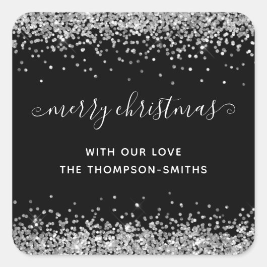 Silver Glitzer Frohe Weihnachtsskriptnamen Schwarz Quadratischer Aufkleber (Vorderseite)