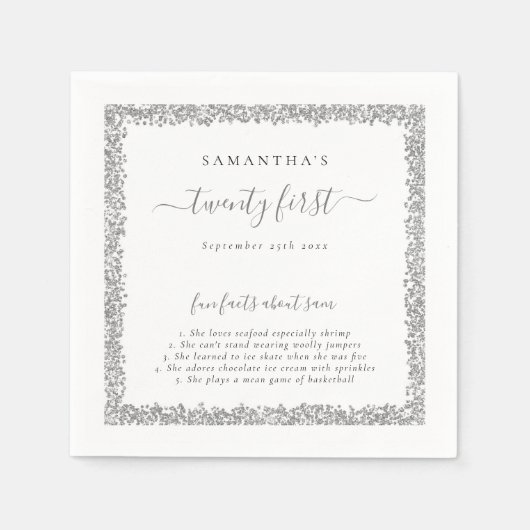 Silver Glitzer Fun Fakten Name Datum 21. Party Serviette (Vorderseite)