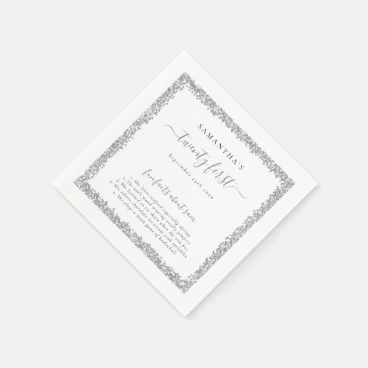 Silver Glitzer Fun Fakten Name Datum 21. Party Serviette (Ecke)