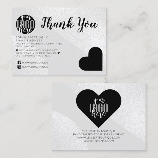 Silver Glitzer Geo Heart Logo Kunde Vielen Dank Visitenkarte (Vorne/Hinten)