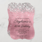 Silver Glitzer Girly Pink Monogram 40. Geburtstag Einladung (Vorne/Hinten)