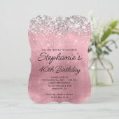 Silver Glitzer Girly Pink Monogram 40. Geburtstag Einladung (Stehend Vorderseite)