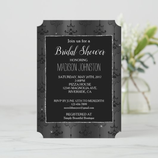Silver Glitzer Glam Black Chandeliers Einladung (Stehend Vorderseite)