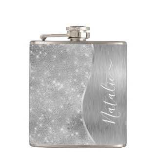 Silver Glitzer Glam Bling Personalisiert Metallic Flachmann