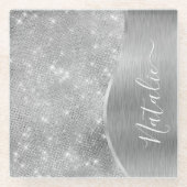 Silver Glitzer Glam Bling Personalisiert Metallic Glasuntersetzer (Vorderseite)
