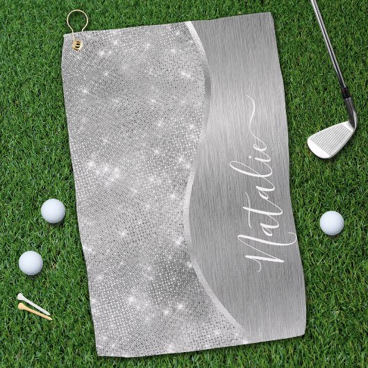 Silver Glitzer Glam Bling Personalisiert Metallic Golfhandtuch