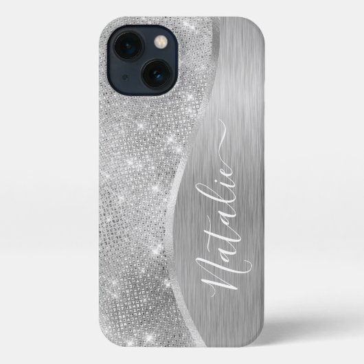 Silver Glitzer Glam Bling Personalisiert Metallic iPhone Hülle (Rückseite)