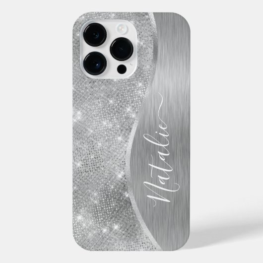 Silver Glitzer Glam Bling Personalisiert Metallic iPhone Hülle (Rückseite)
