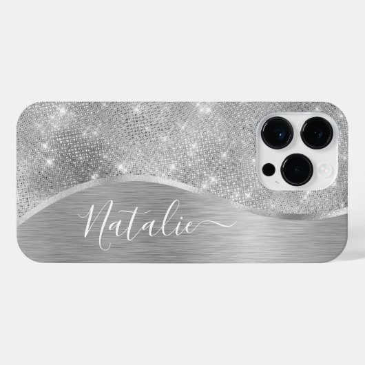 Silver Glitzer Glam Bling Personalisiert Metallic iPhone Hülle (Rückseite (Horizontal))