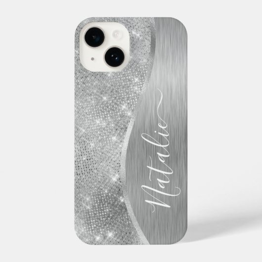 Silver Glitzer Glam Bling Personalisiert Metallic iPhone Hülle (Rückseite)