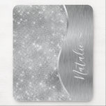 Silver Glitzer Glam Bling Personalisiert Metallic Mousepad<br><div class="desc">Dieses silber gebürstete Metall und glamouröse Imitate Glitzer gemusterte Maus-Pad mit Ihrem eigenen individuelle Name leicht personalisieren.</div>