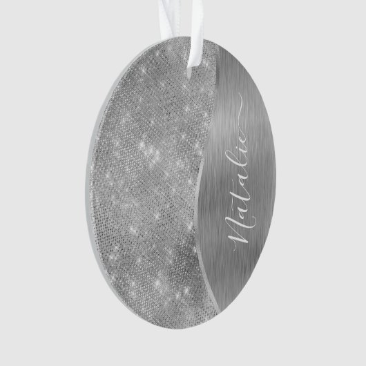 Silver Glitzer Glam Bling Personalisiert Metallic Ornament (Vorderseite)