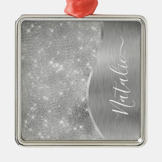 Silver Glitzer Glam Bling Personalisiert Metallic Ornament Aus Metall (Vorne)