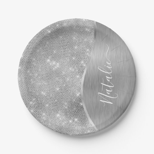 Silver Glitzer Glam Bling Personalisiert Metallic Pappteller (Vorderseite)