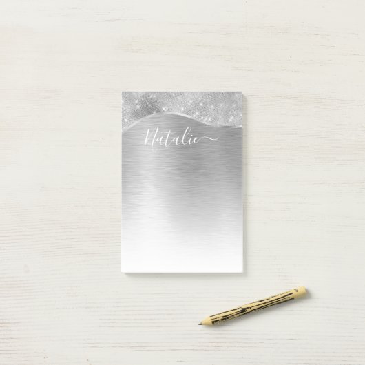 Silver Glitzer Glam Bling Personalisiert Metallic Post-it Klebezettel (Auf Schreibtisch)