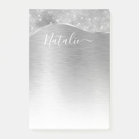 Silver Glitzer Glam Bling Personalisiert Metallic Post-it Klebezettel (Vorderseite)