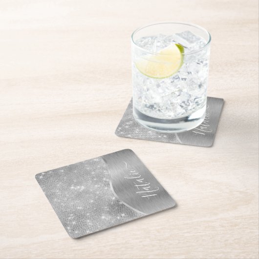 Silver Glitzer Glam Bling Personalisiert Metallic Rechteckiger Pappuntersetzer (Vor Ort)