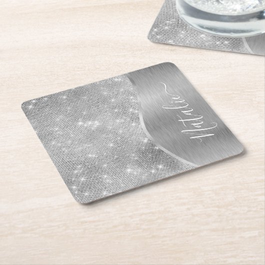 Silver Glitzer Glam Bling Personalisiert Metallic Rechteckiger Pappuntersetzer (angewinkelt)